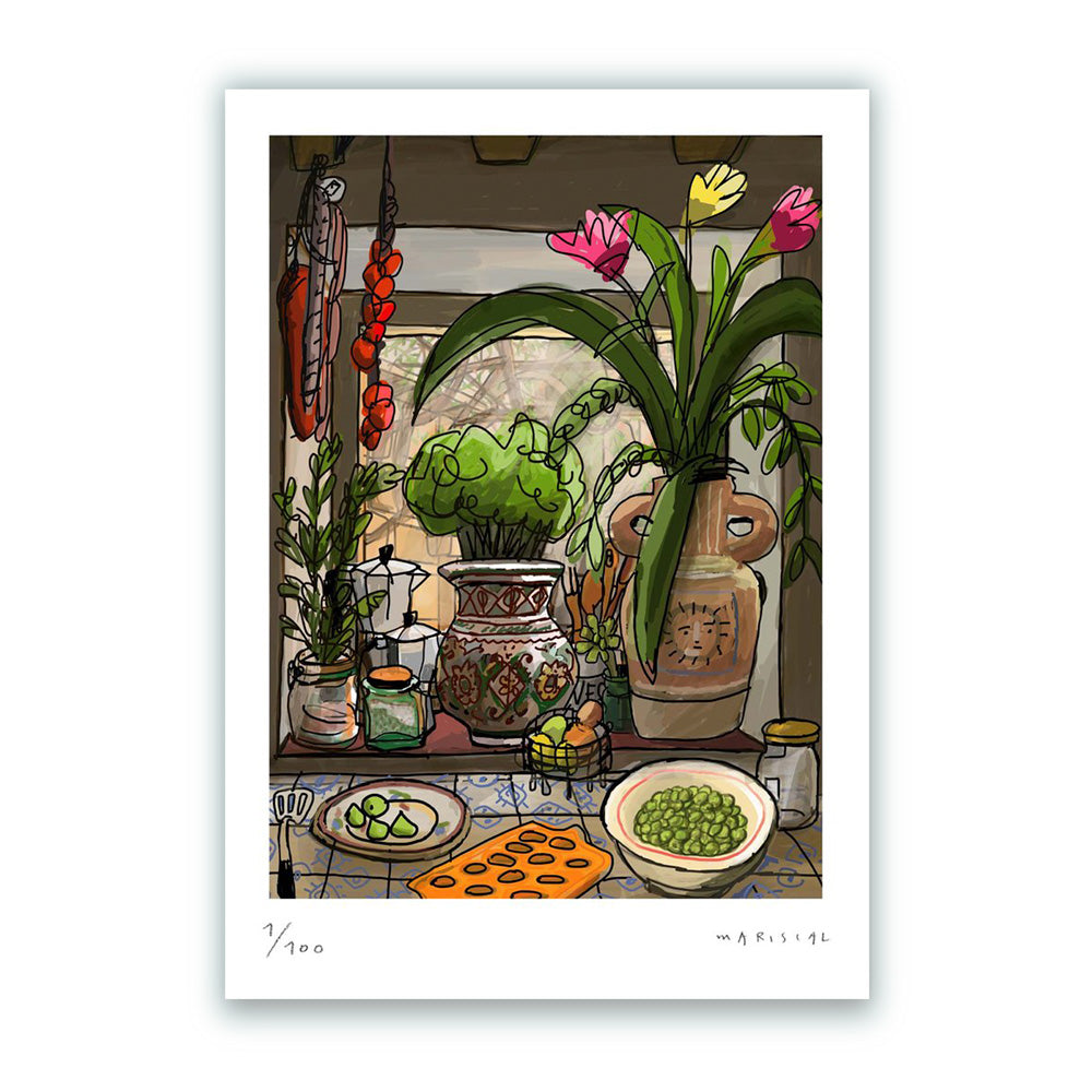 Ventana de la Cocina con Flores Impresión Fine Art 50x70