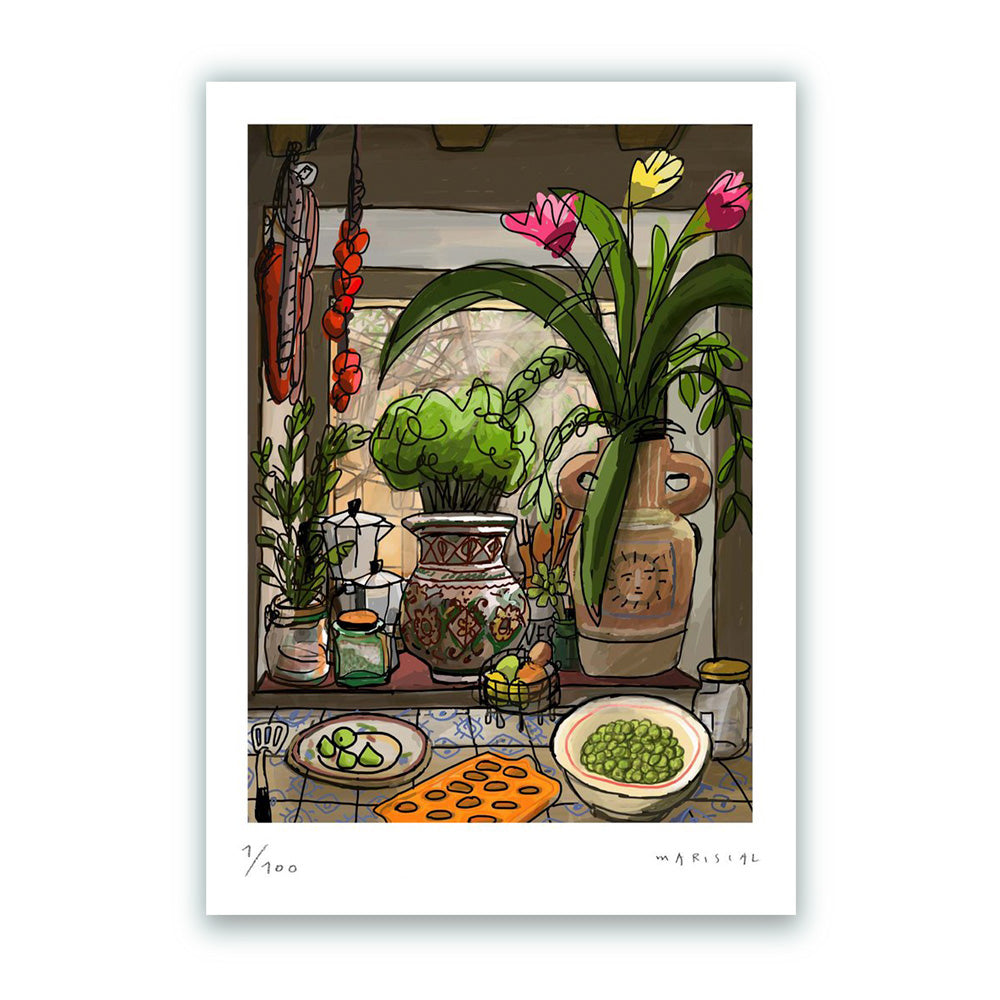 Fenêtre de cuisine avec fleurs Fine Art Print A4